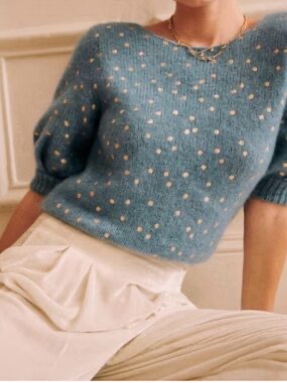 Sézane Blue Polka Dot Mohair Blend Sweater M | Puff Sleeve French Girl Knit